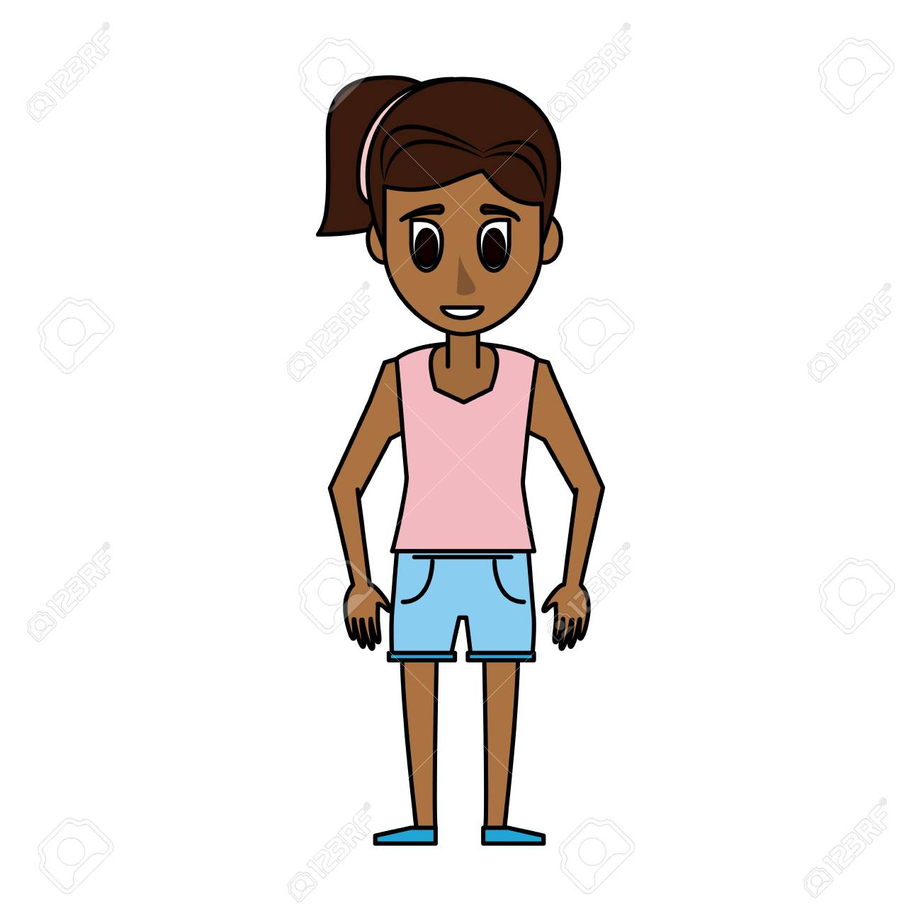 ショート パンツとピンクの T シャツ アイコン画像ベクトル イラスト デザインを身に着けている褐色の肌を持つ若い女性のイラスト素材 ベクタ Image ショート パンツとピンクの T シャツ アイコン画像ベクトル イラスト デザインを身に着けている褐色の肌を持つ若い女性のイラスト素材 ベクタ Image