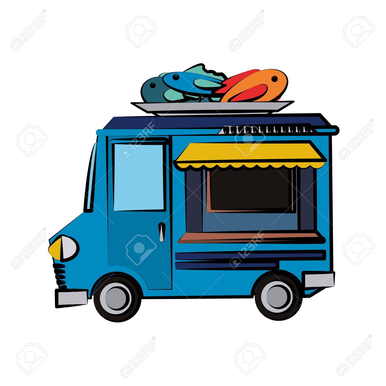 Fish Food Truck Icon Image In Colorful Cartoon Illustration Design