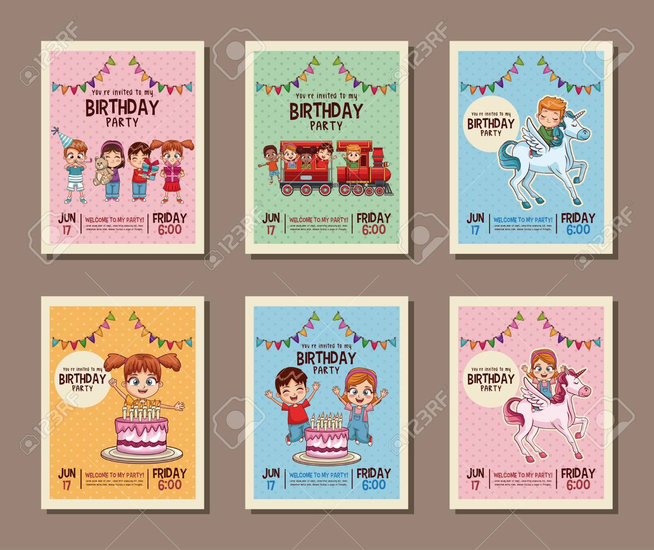 set on birthday kids party invitation card vector illustration birthday invitation card design for kids