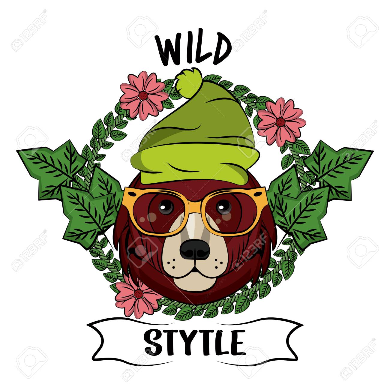 クールなクマのメガネと帽子と花のベクトルイラストグラフィックデザインのイラスト素材 ベクタ Image クールなクマのメガネと帽子と花のベクトルイラストグラフィックデザインのイラスト素材 ベクタ Image