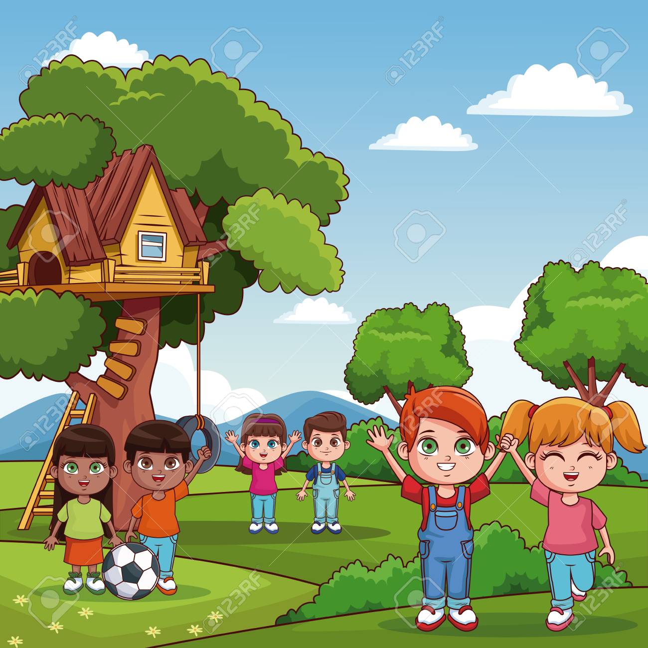 Cute Kids Playing At Park Cartoons Vector Illustration Graphic