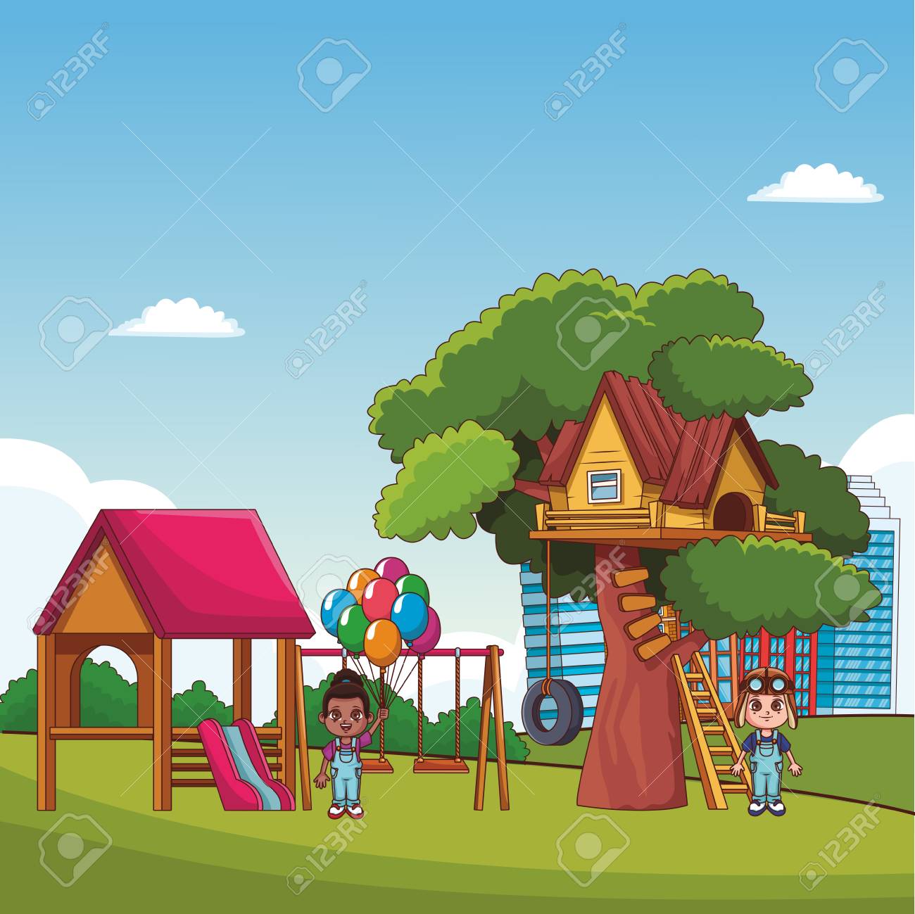 Kids Playing At Park With Tree House Cartoons Vector Illustration