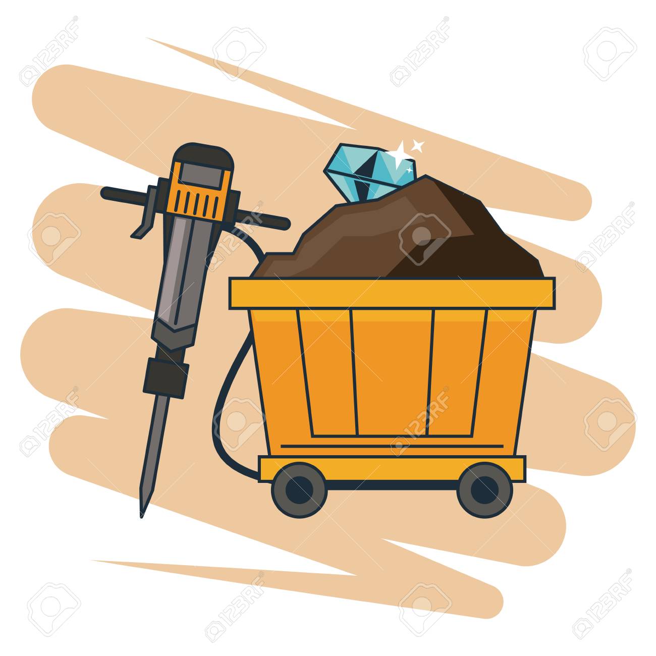 그런 지 배경 벡터 일러스트 그래픽 디자인 위에 다이아몬드와 드릴 도구와 광산 카트 로열티 무료 사진, 그림, 이미지 그리고  스톡포토그래피. Image 127664502