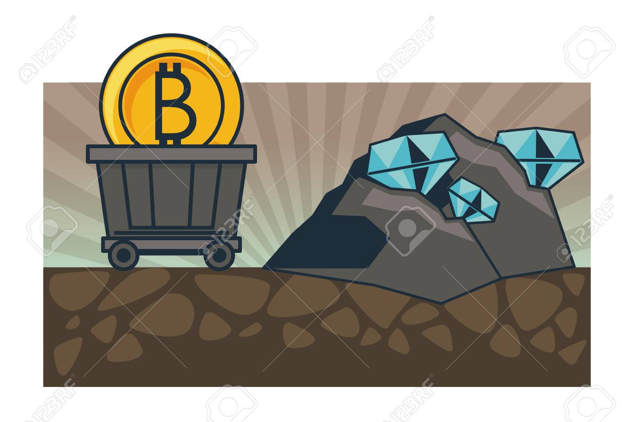 Diamantes De Inversión Y Minería De Bitcoin Con Carro Carro En Diseño  Gráfico De Ilustración De Vector De Paisaje De Zona De Mina Ilustraciones  svg, vectoriales, clip art vectorizado libre de derechos.