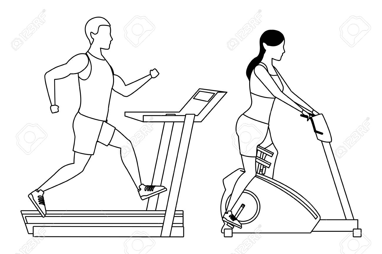 Couple Working Out In The Gym Running Machine And Cycling Black And White  Vector Illustration Graphic Design Royalty Free SVG, Cliparts, Vectors, and  Stock Illustration. Image 117842486., image size:1300x866