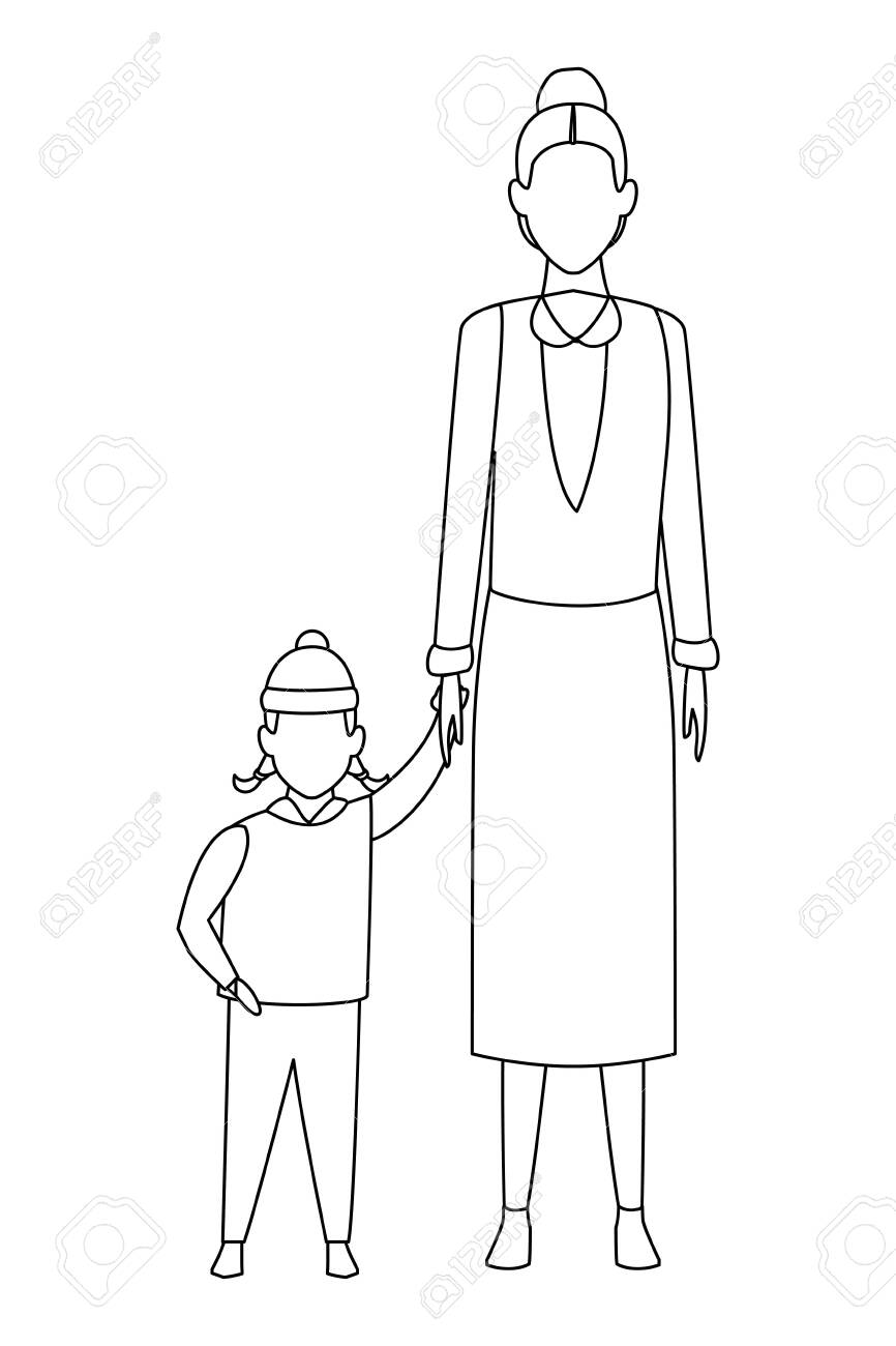 Old Woman With Child Wearing Winter Clothes And Knitted Cap Black