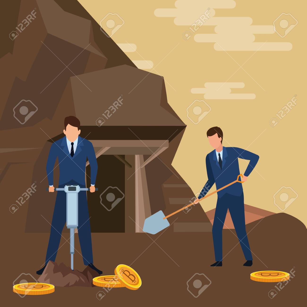 鉱山ベクトルイラストグラフィックデザインでドリルとシャベルで暗号通貨ビットコインを探して掘っているビジネスマンのイラスト素材・ベクター Image  123912168
