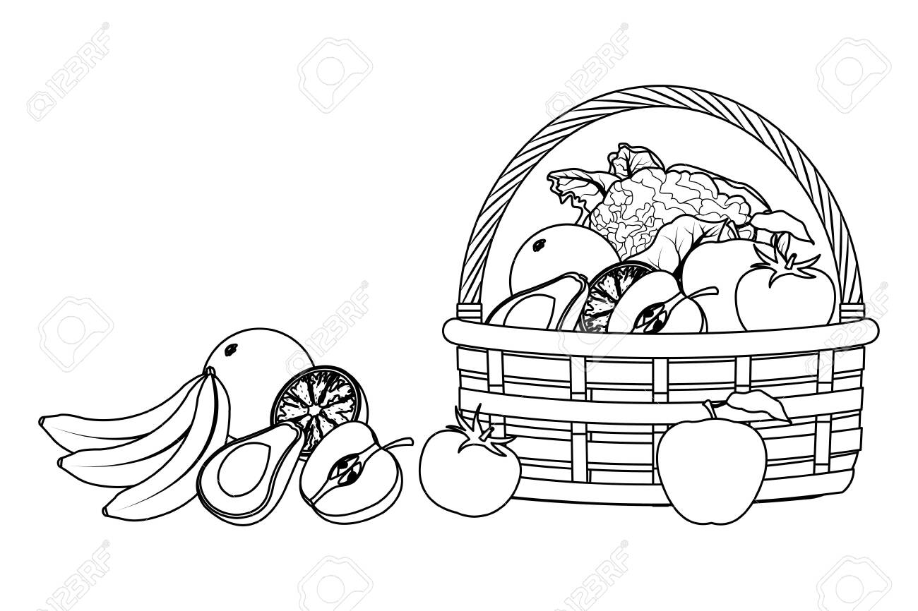 Wicker Basket With Fruit And Vegetables Cartoon Icons Black And White  Vector Illustration Graphic Design Royalty Free SVG, Cliparts, Vectors, and  Stock Illustration. Image 123850733., image size:1300x866