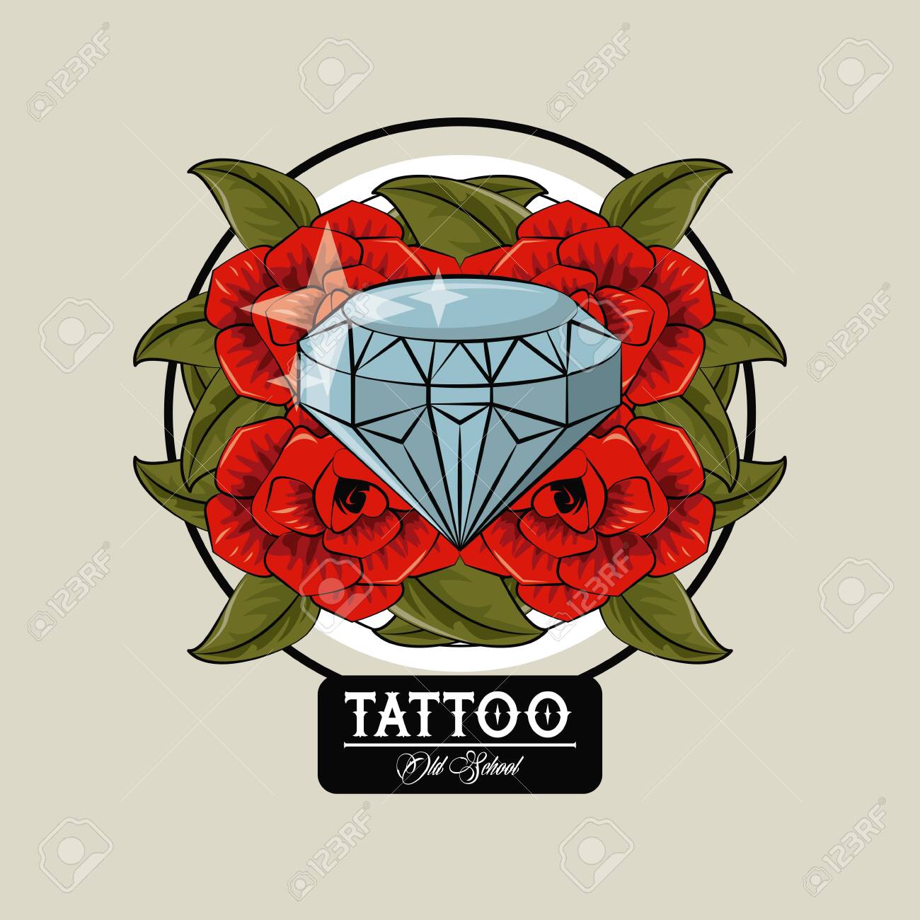Tattoo studio old school drawings diamond and roses emblem vector..