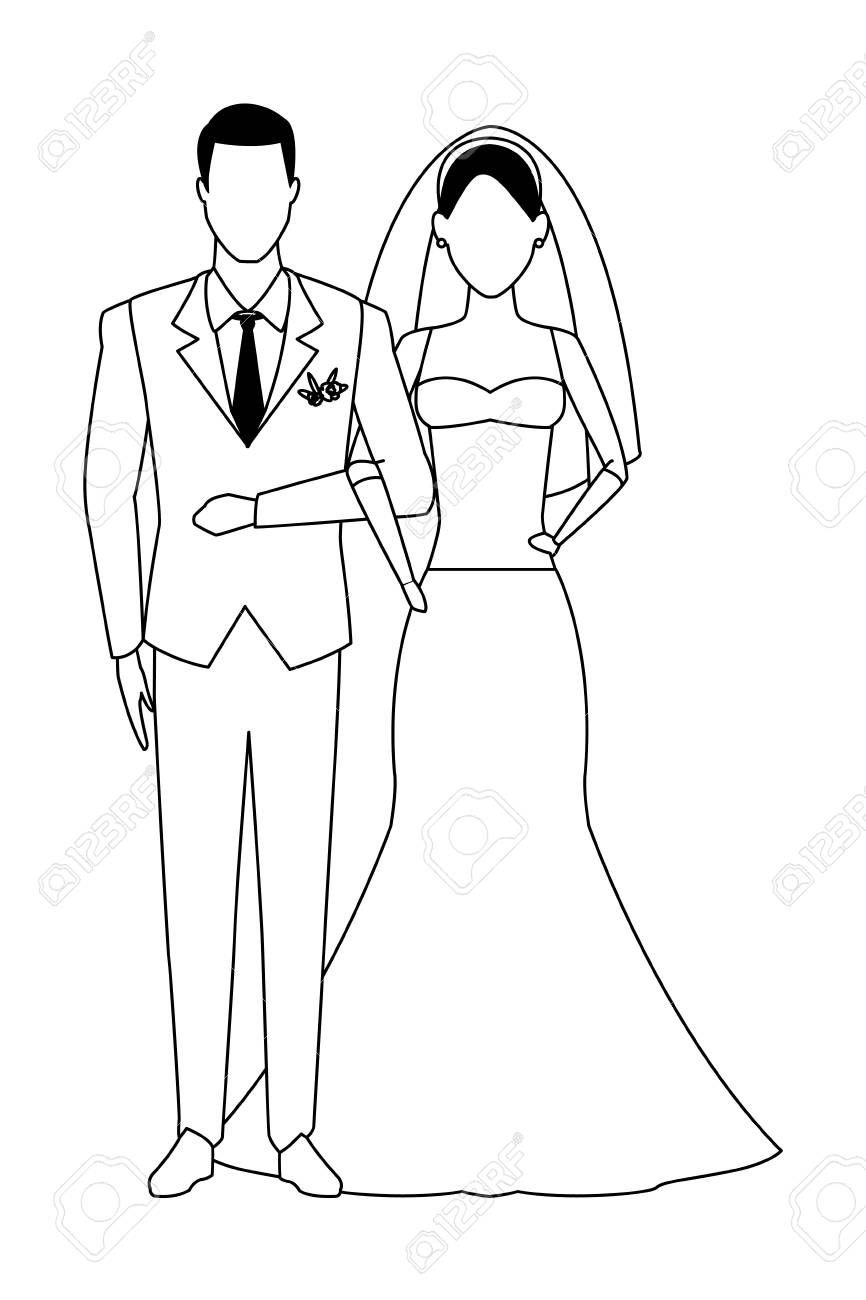 Groom And Bride Avatar Cartoon Character Black And White Vector