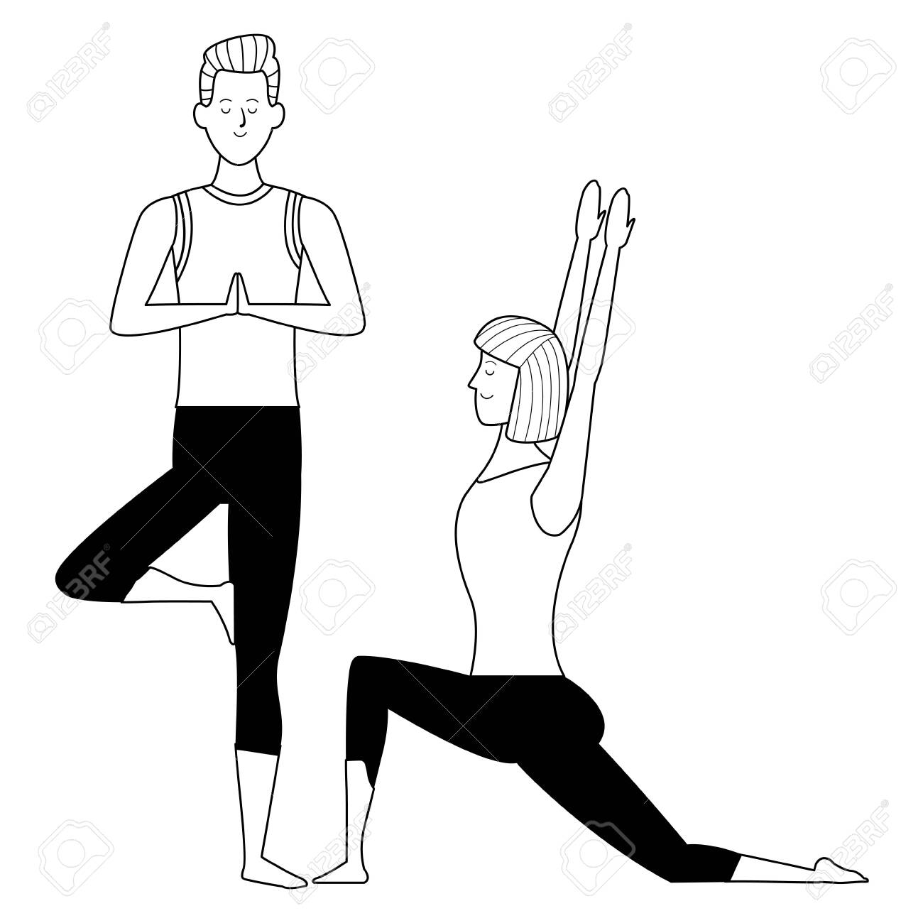 Couple Yoga Poses Avatars Cartoon Character With Short Hair Black