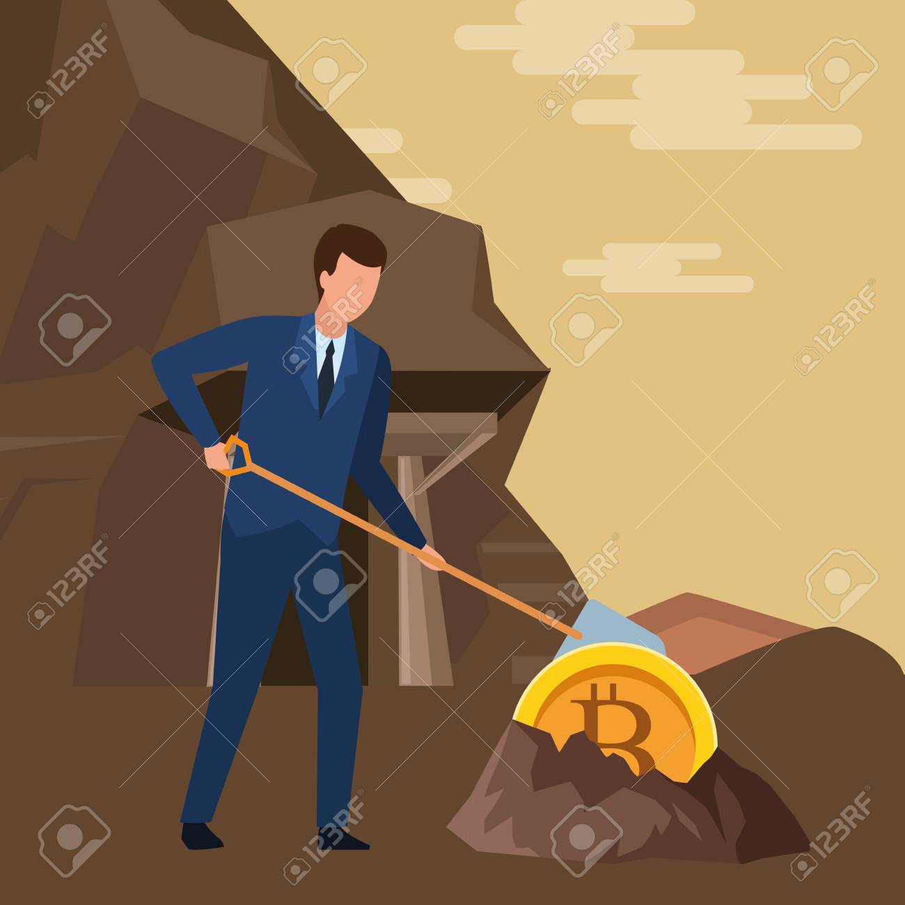 광산 벡터 일러스트레이션 그래픽 디자인에 땅 비트코인과 삽에 포함된 사업가 및 암호 화폐 로열티 무료 사진, 그림, 이미지 그리고  스톡포토그래피. Image 122895756