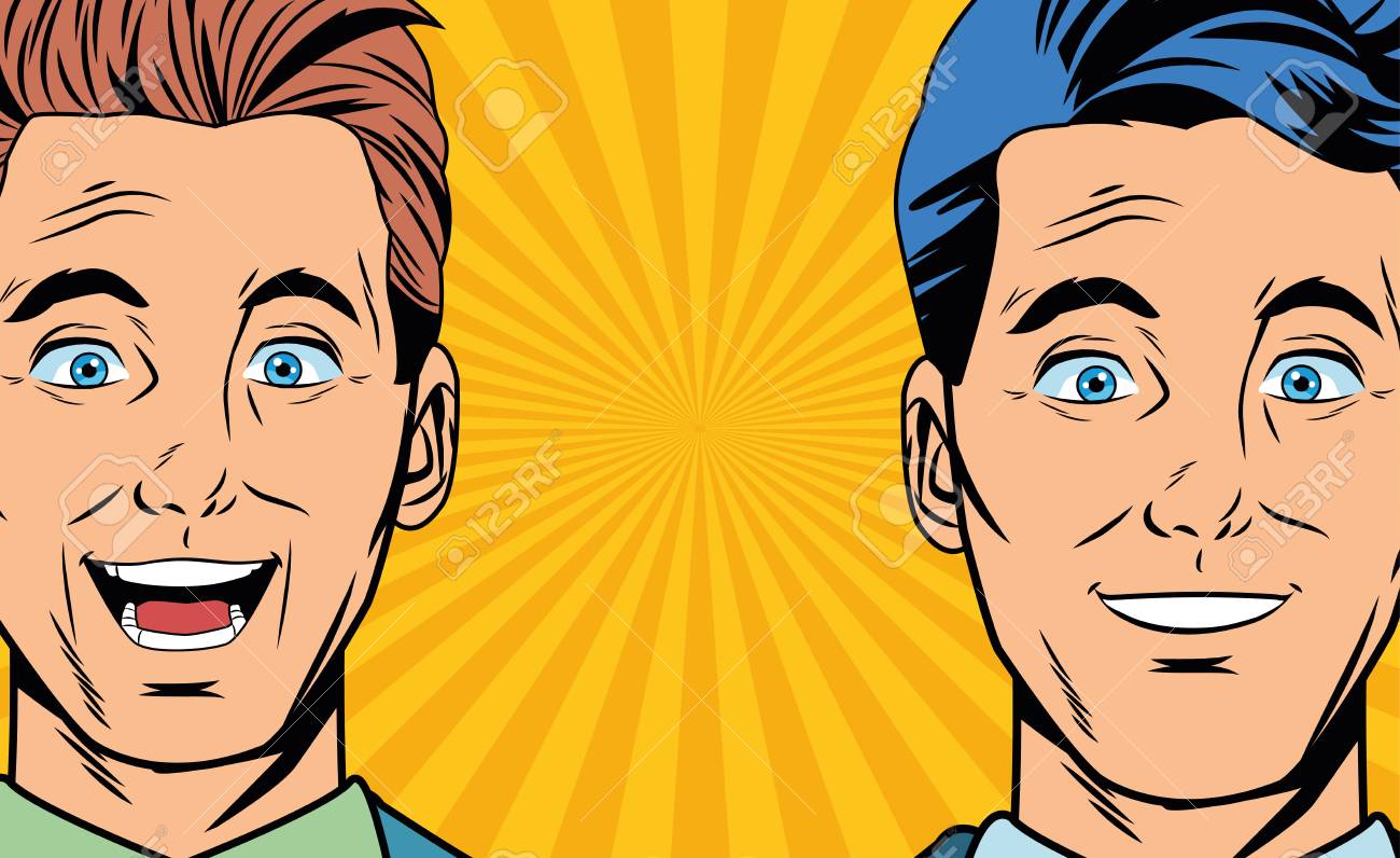 Pop Art Surprised Businessmen Faces Cartoon Over Striped