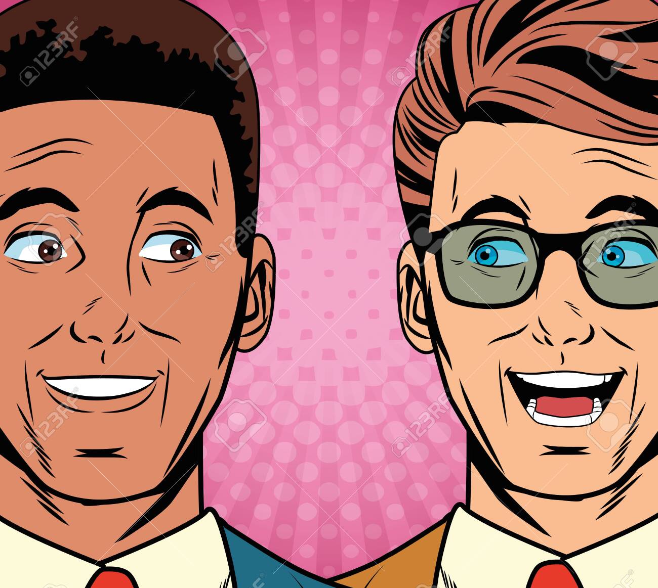 Pop art surprised businessmen faces cartoon over striped background vector illustration graphic design - 122742652 Pop art surprised businessmen faces cartoon over striped background vector illustration graphic design - 122742652
