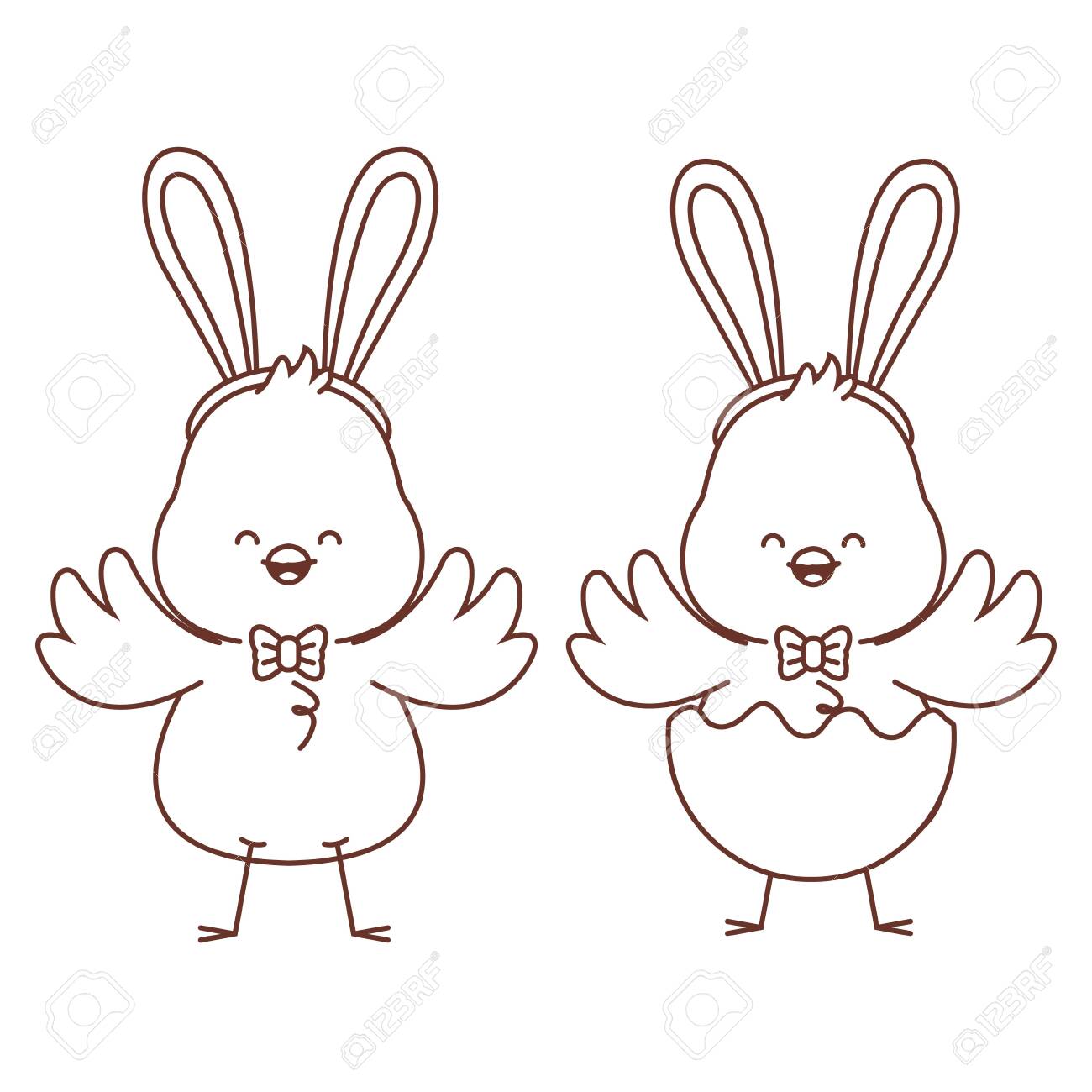 Happy Farm Animals Chicks Pair Easter Season Drawing Black And