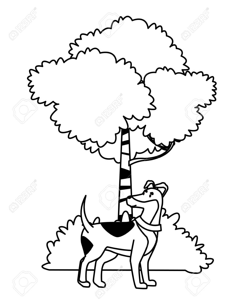 Domestic Animals And Pet Dog Tree And Bush Icon Cartoon In Black