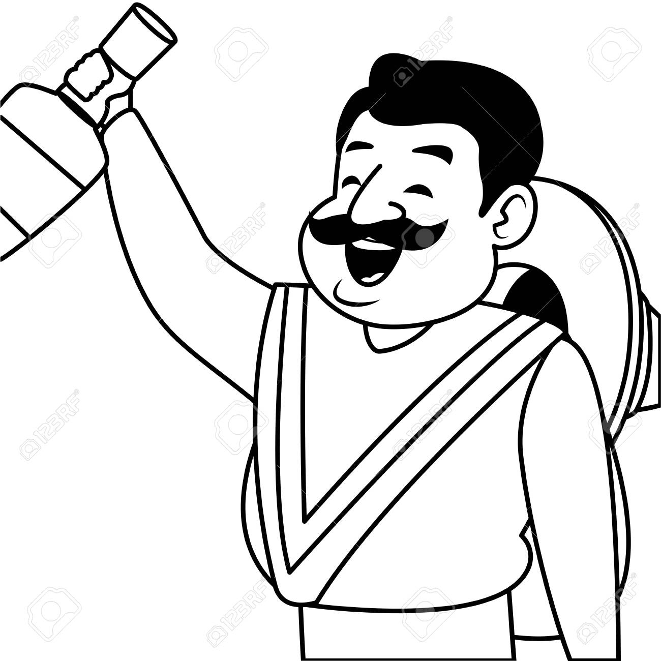 Mexican Food And Tradicional Culture With A Mariachis Man With Mexican Hat,  Moustache And Tequila Bottle Closeup Avatar Cartoon Character Portrait In  Black And White Vector Illustration Graphic Design Royalty Free SVG,, image size:1300x1300