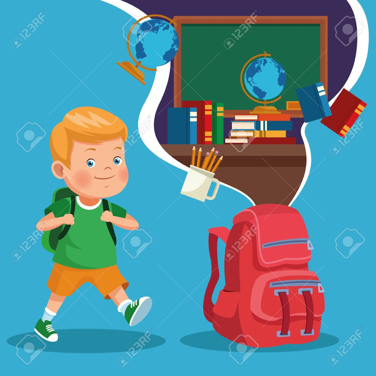 Cute Student Boy With Backpack And School And Classroom Cartoons