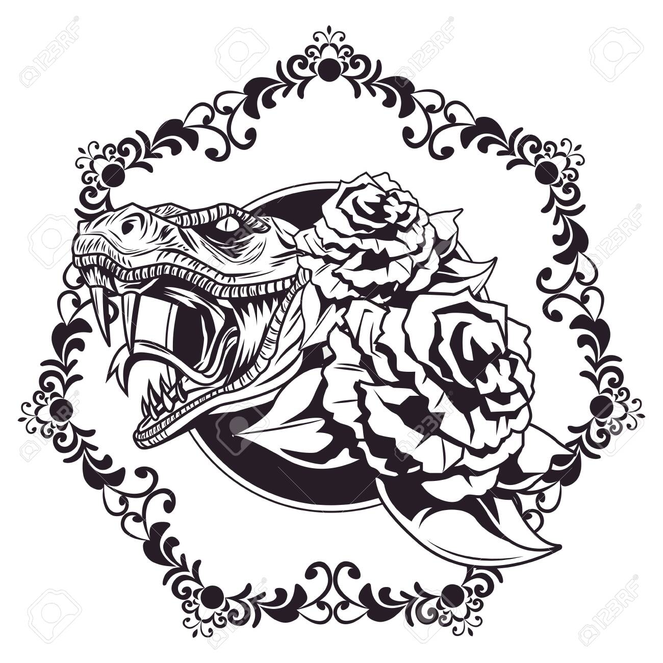 Snake With Roses Drawn In Black And White Tattoo Icon In Round