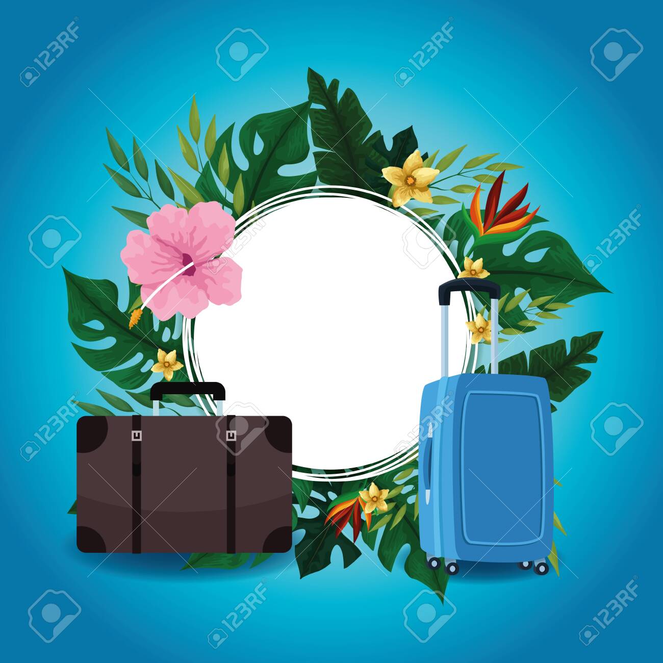 Summer blank round frame with travel cartoons and tropical flowers vector illustration graphic design - 134493232 Summer blank round frame with travel cartoons and tropical flowers vector illustration graphic design - 134493232