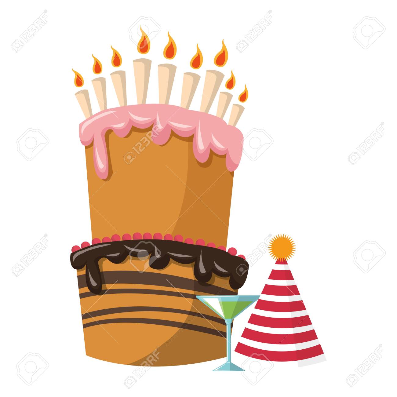 Big Birthday Cake With Cocktail And Party Hat Over White Background,  Colorful Design, Vector Illustration 免版税剪贴画，向量插图和库存图片. Image 137861929, image size:1300x1300