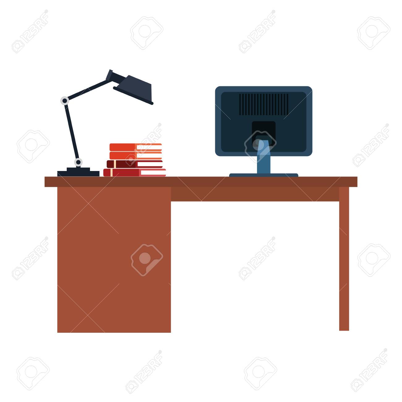Office Desk With Computer And Desk Lamp Over White Background - Office Desk With Computer And Desk Lamp Over White Background