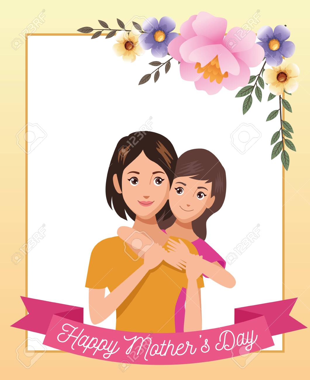 Beautiful Mother With Daughter Characters Mothers Day Card Vector ...