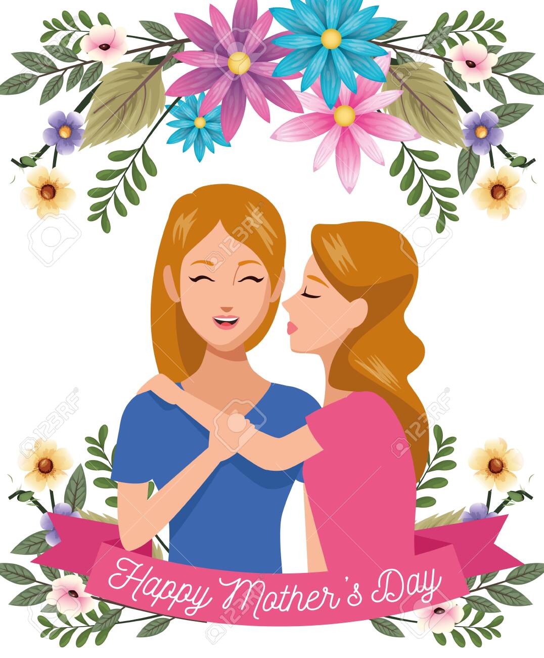 Beautiful Mother With Daughter And Floral Frame Mothers Day Card ...