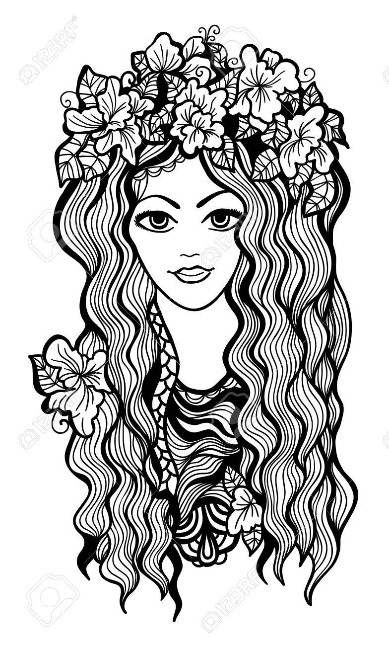 Belle Fille En Noir Et Blanc Avec Le Dessin De Couronne De Fleurs