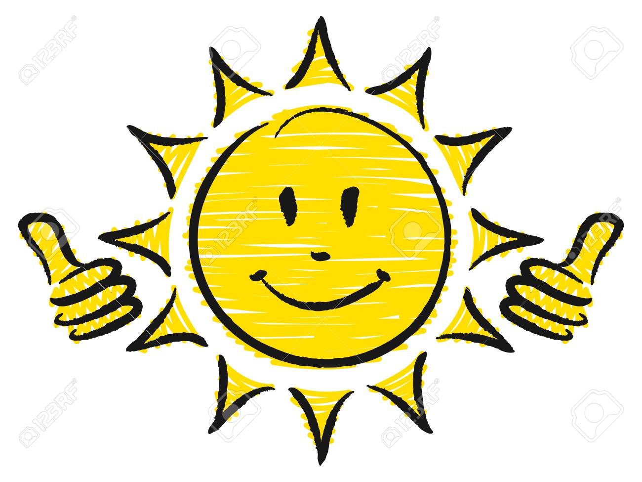 Hand Drawn Sun Two Thumbs Up Yellow And Black Royalty Free