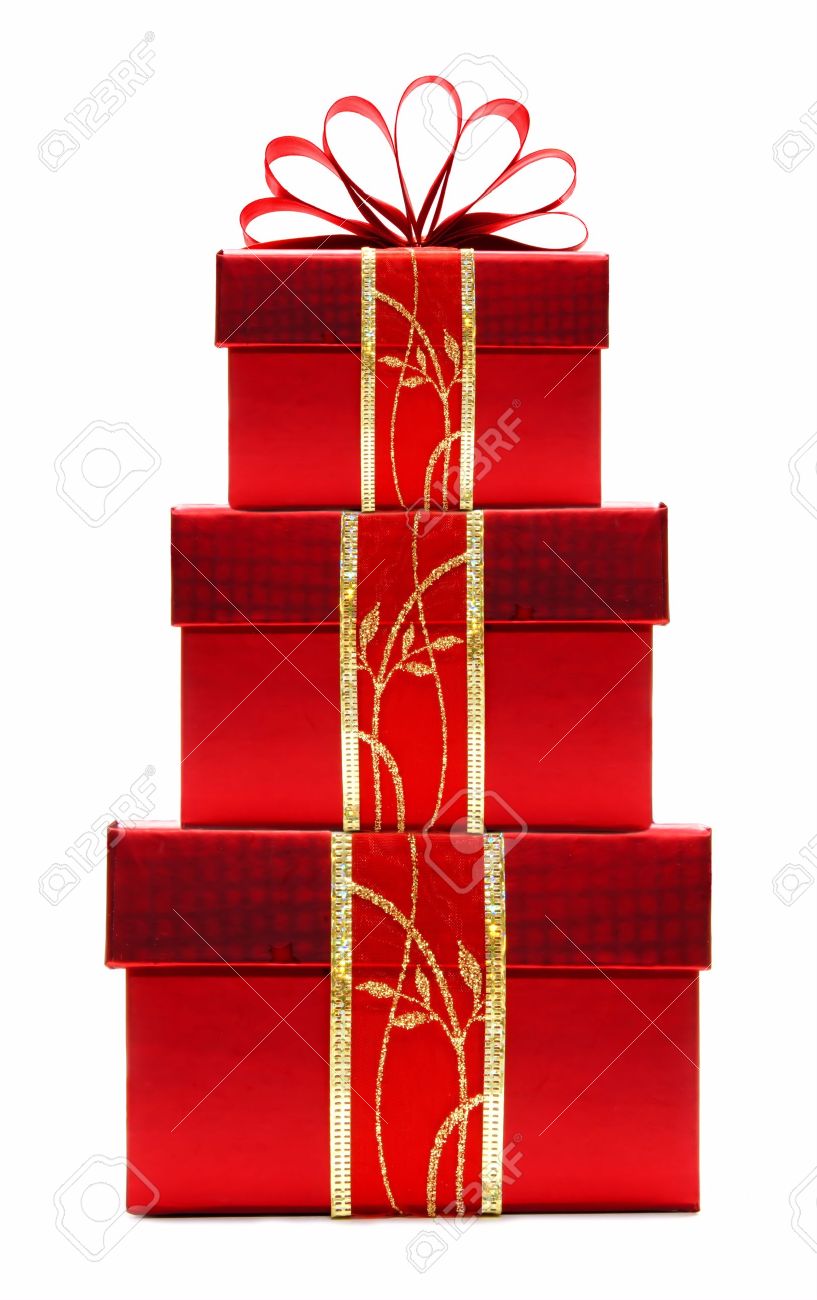 Stacked Red Christmas Gift Boxes With Ribbon And Bow Isolated On A White  Background Stock Photo, Picture And Royalty Free Image. Image 11413574.