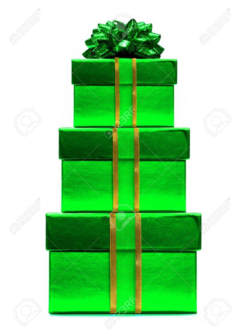 Stack Of Green Christmas Gift Boxes With Bow And Ribbon Over White Stock  Photo, Picture And Royalty Free Image. Image 16324317.