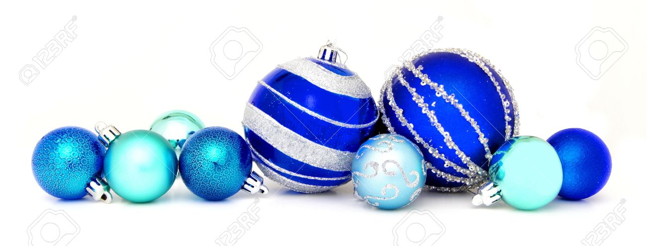 group of blue christmas baubles arranged as a border over white blue christmas border