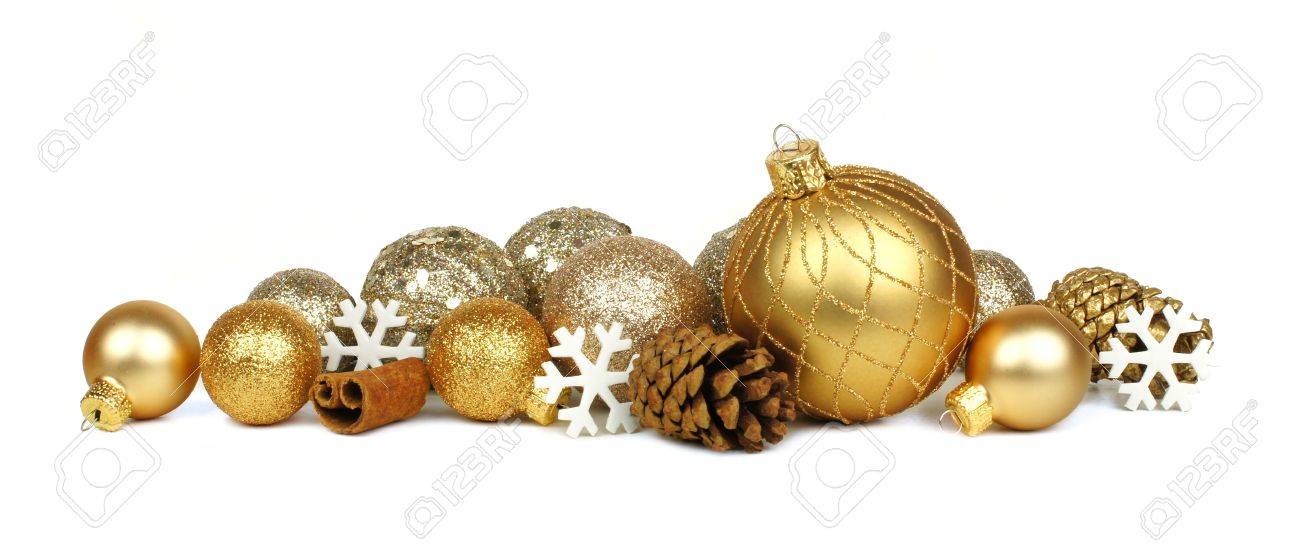 golden christmas border of ornaments and snowflakes over a white