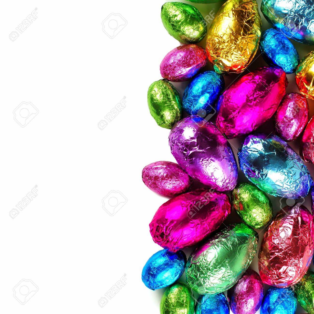 colorful wrapped chocolate easter egg double edge border on white easter egg border