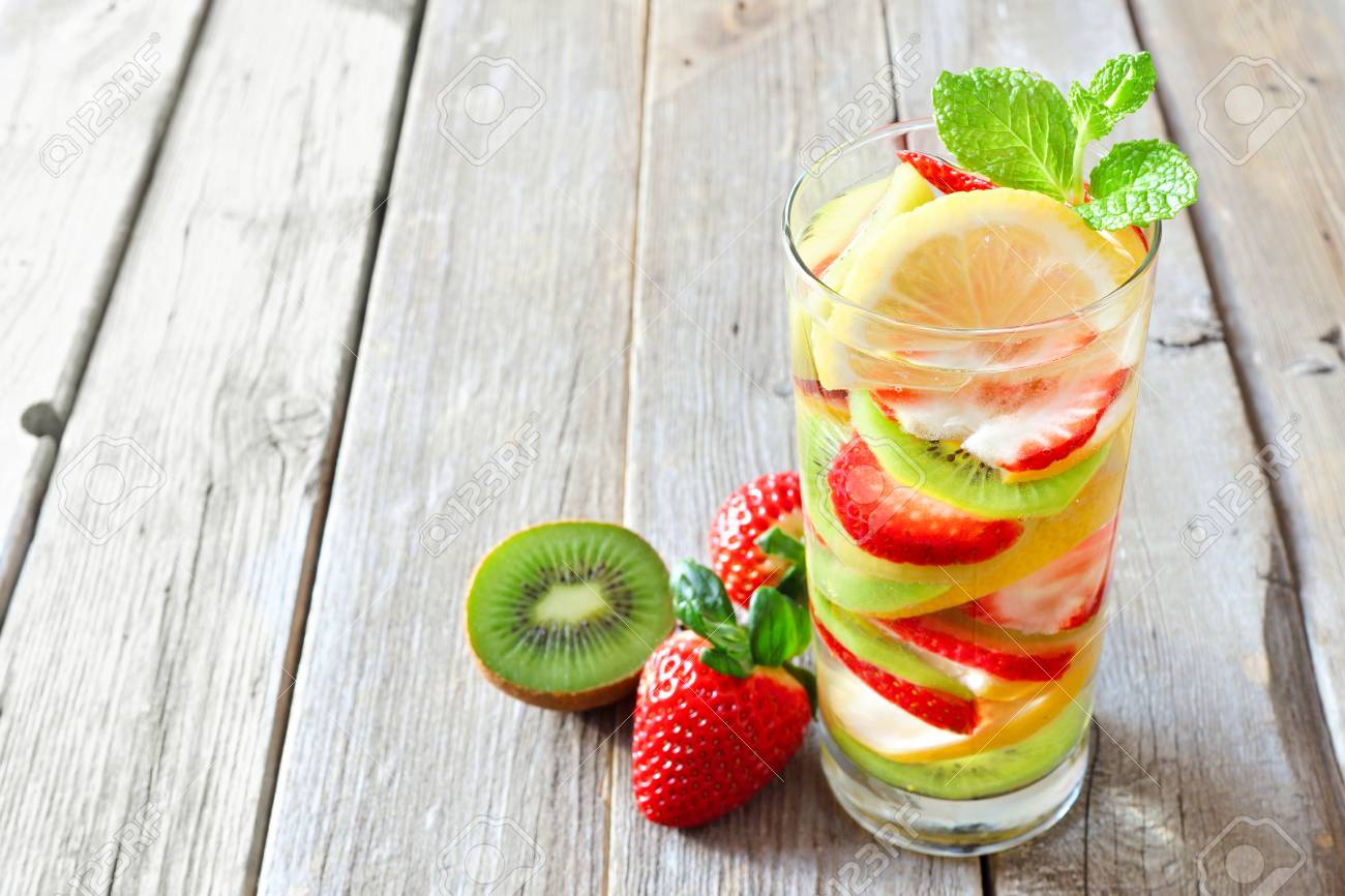 Lemon Strawberry Kiwi Detox Water In A Glass Against A Rustic Stock Photo Picture And Royalty Free Image Image 70342402