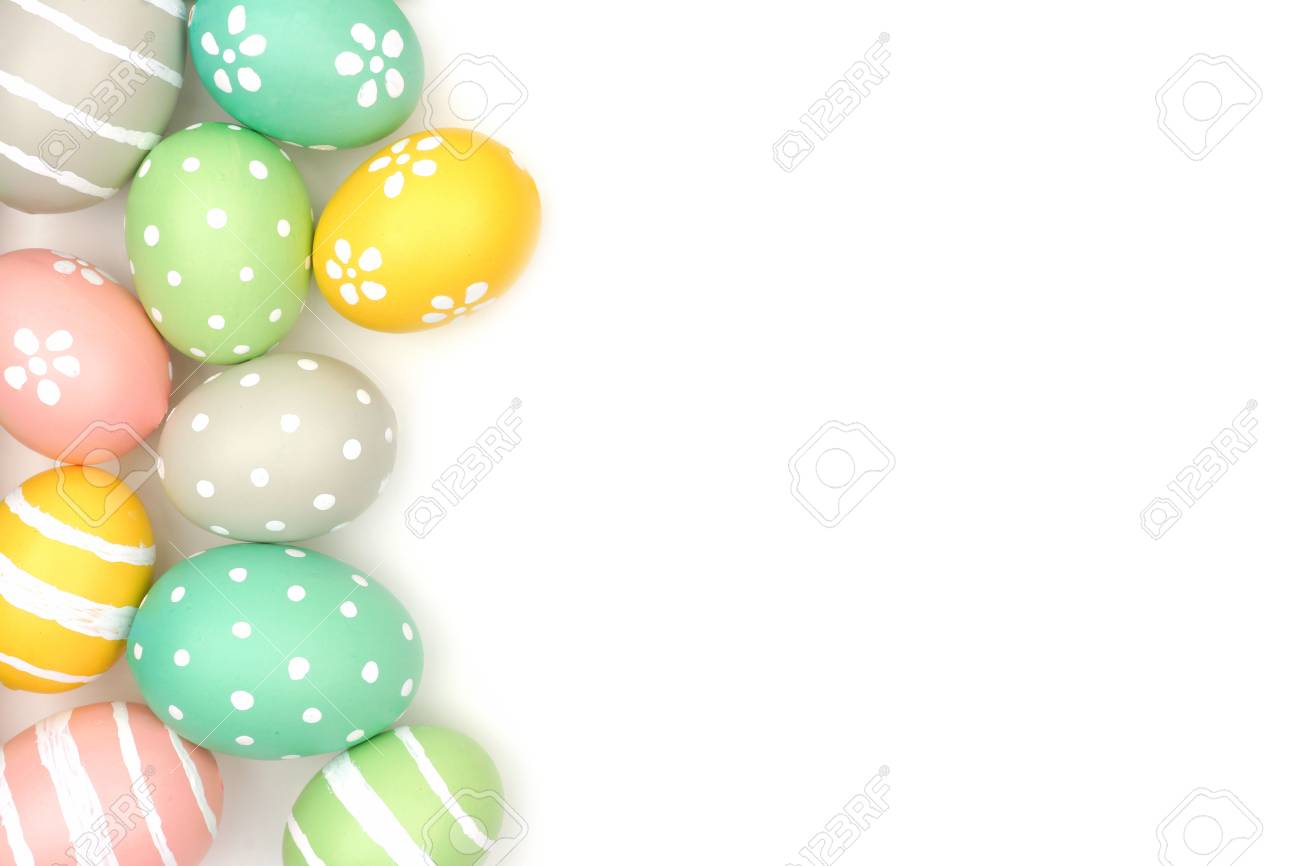 side border of hand painted pastel easter eggs over a white easter eggs border