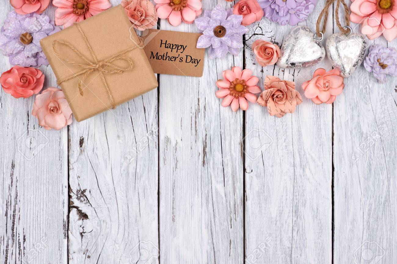 top border of paper flowers with mothers day gift box and tag paper flower gift box