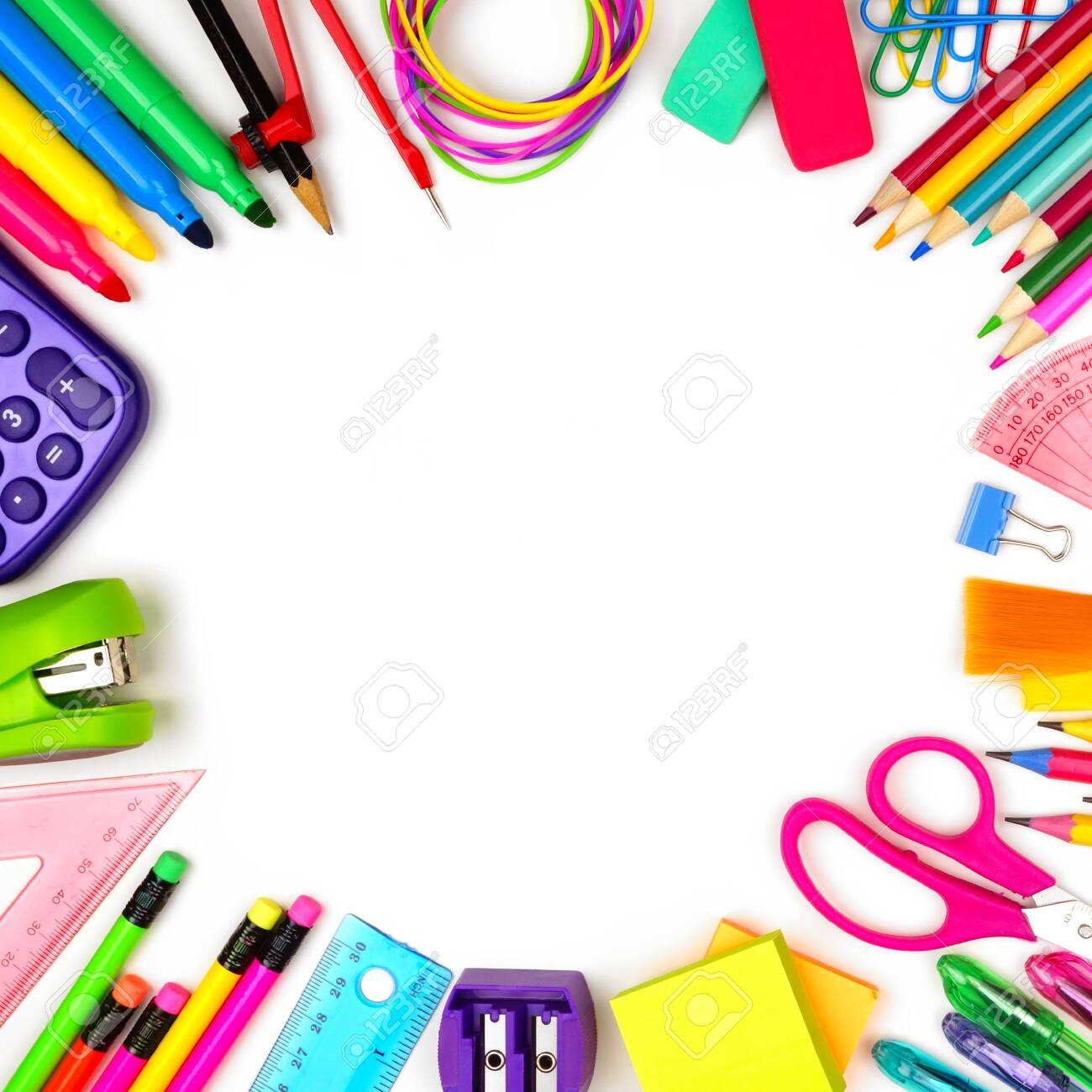 School supplies square frame, top view isolated on a white background with copy space, back to school concept - 126663629 School supplies square frame, top view isolated on a white background with copy space, back to school concept - 126663629