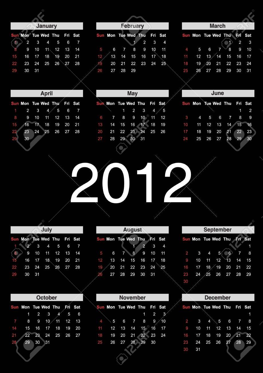 2012 年間カレンダー テンプレート 黒の背景に 週は日曜日に開始します のイラスト素材 ベクタ Image 10483743