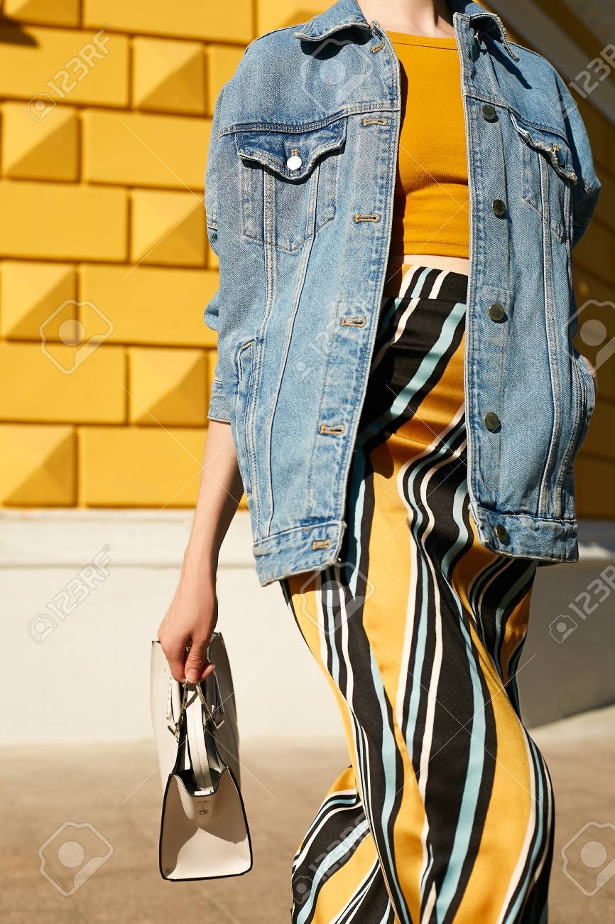 yellow denim jacket and skirt