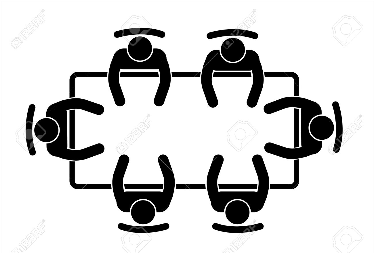 Brainstorming And Teamwork Business Meeting Group Of Six People In Conference  Room Sitting Around Desk Together In New Creative Project. Vector ,  Illustration Royalty Free SVG, Cliparts, Vectors, and Stock Illustration.  Image 183522070., image size:1300x882