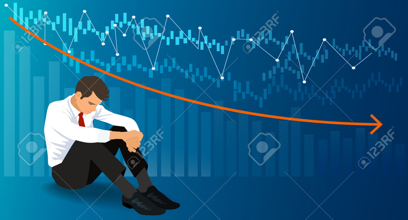 Depressed Business Man Looking Down At Falling Red Arrow. Stressed Business  Man Crypto Trader Broker Investor Analyzing Stock Exchange Market Crypto  Trading Decreasing Chart Data Fall Down Loss. Vector, Illustration Royalty  Free
