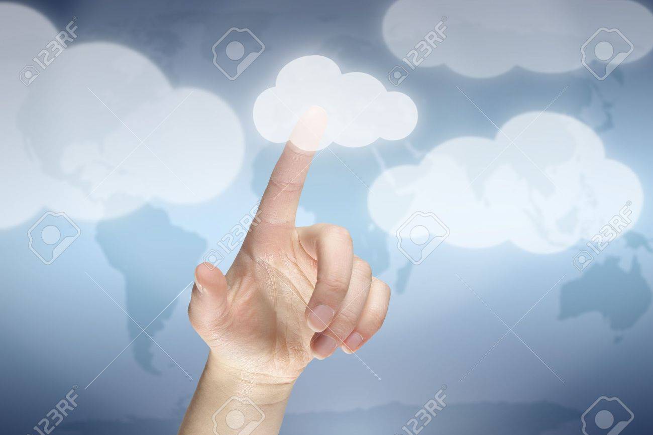 Cloud computing concept, finger touching the cloud - 12181603 Cloud computing concept, finger touching the cloud - 12181603