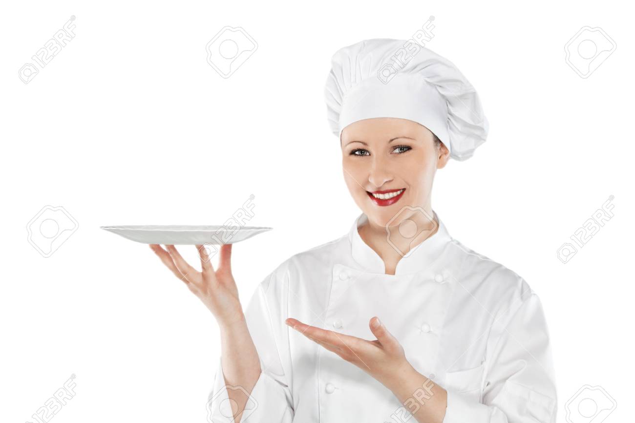 Female chef holding empty plate isolated on white - 12883303 Female chef holding empty plate isolated on white - 12883303