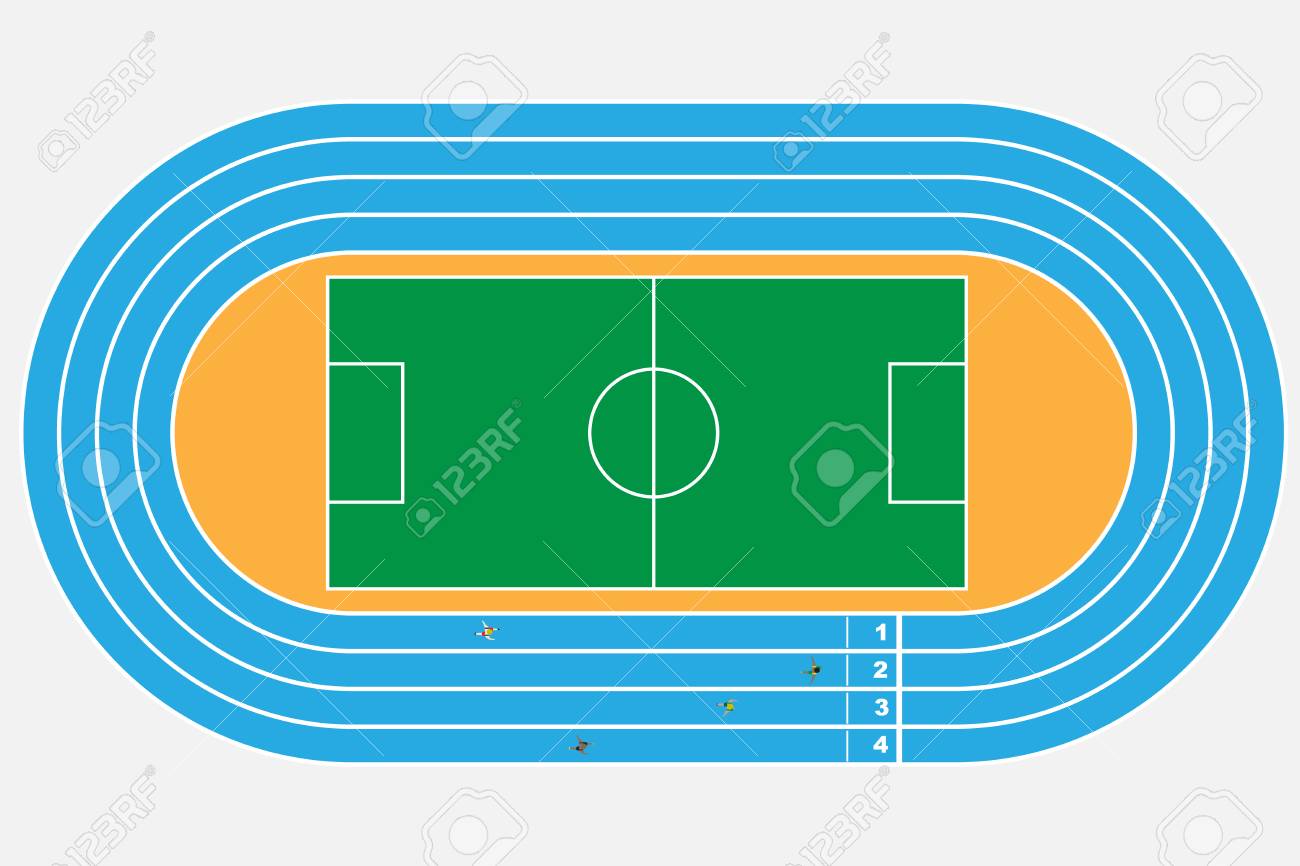 ランニングトラック付きサッカースタジアムまたはサッカースタジアムのトップビュー のイラスト素材 ベクタ Image