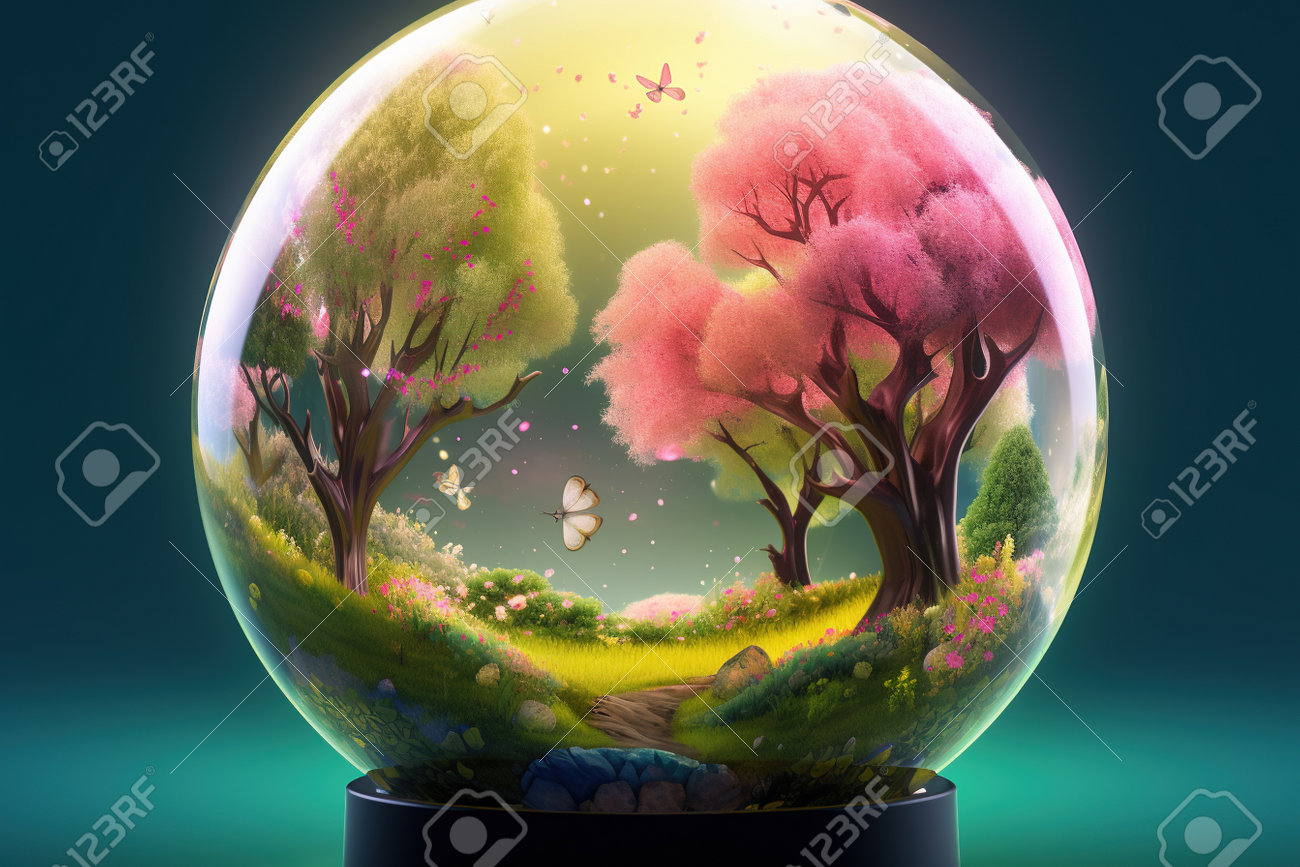 3Dイラストの中に木と蝶を持つ魔法の水晶玉の写真素材・画像素材