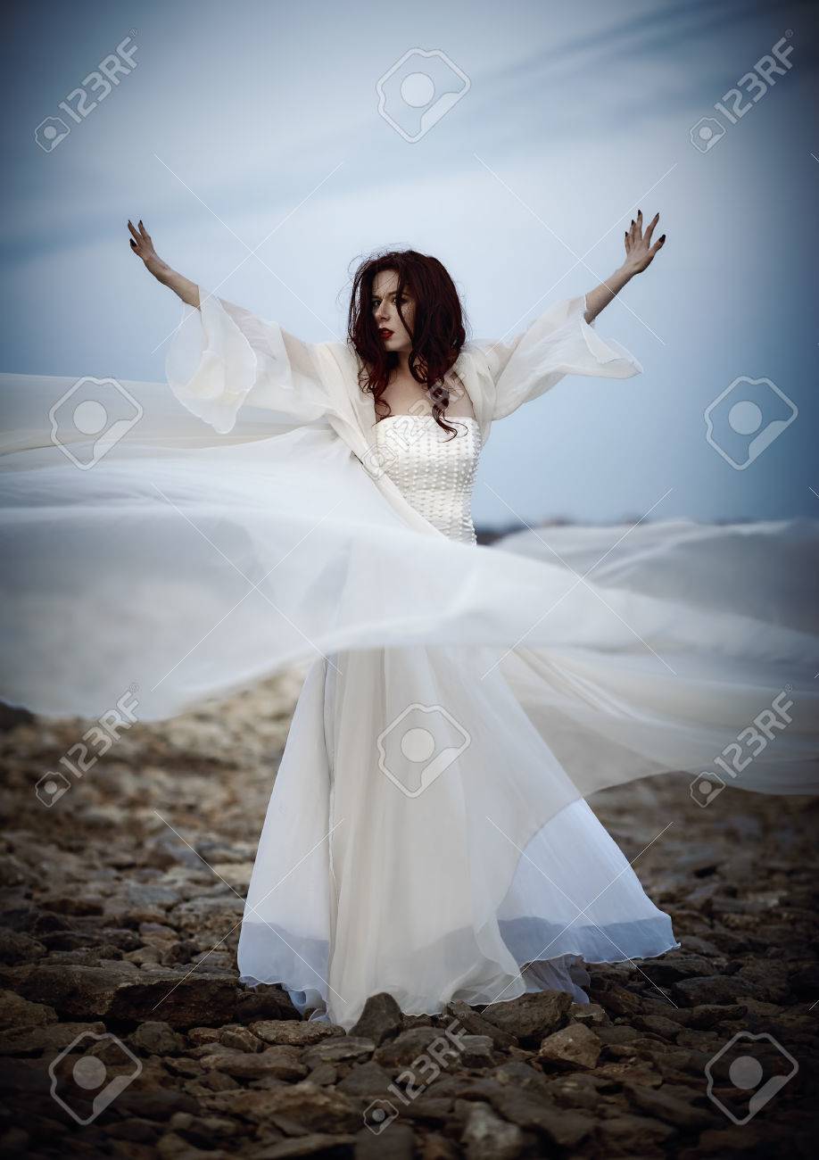 Outdoor Portrait Of A Beautiful Sad Young Woman In White Dress Stock Photo Picture And Royalty Free Image Image