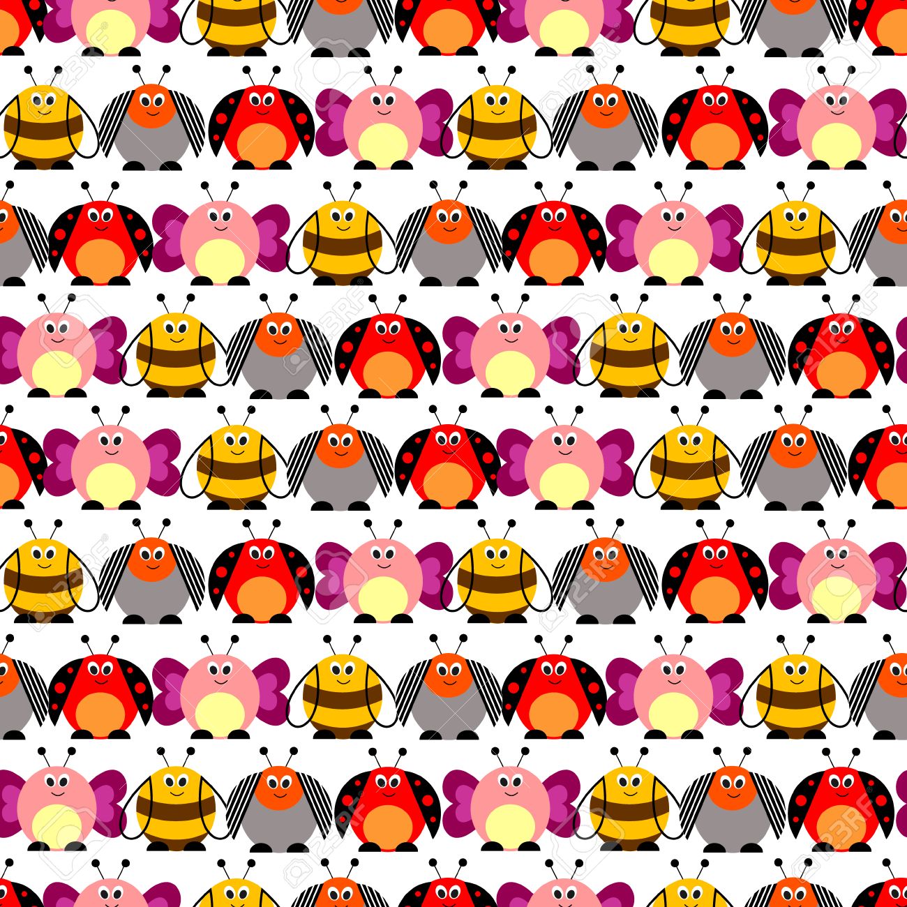 昆虫とシームレスなベクトル パターン カラフルなコミック蝶 てんとう虫 コロラド州カブトムシとミツバチのかわいい 背景 動物や昆虫のシームレスなパターンのシリーズ のイラスト素材 ベクタ Image