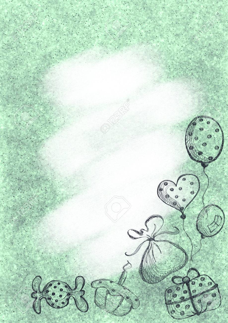 drawn pastel background with gift cake air balloons and candy template letter background templates